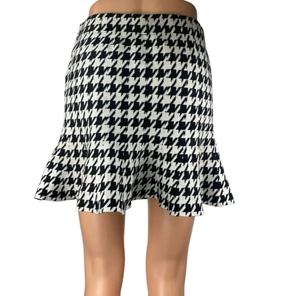 Shein Black White Houndstooth Ruffle Knit Pull On Mini A-Line Pencil Skirt Sz L